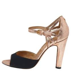 Chanel Metallic Bronze-Black Canvas And Textured Leather CC Ankle Strap Sandals Size 37