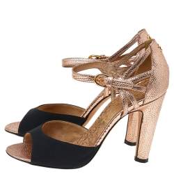 Chanel Metallic Bronze-Black Canvas And Textured Leather CC Ankle Strap Sandals Size 37