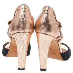 Chanel Metallic Bronze-Black Canvas And Textured Leather CC Ankle Strap Sandals Size 37