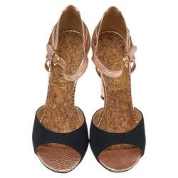 Chanel Metallic Bronze-Black Canvas And Textured Leather CC Ankle Strap Sandals Size 37