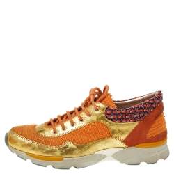 Chanel Orange/Gold Tweed And Suede CC Low Top Sneakers Size 38