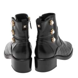 Chanel Black Leather Embellished  Block Heel Ankle Booties Size 37