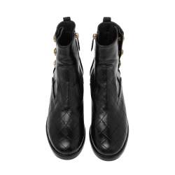 Chanel Black Leather Embellished  Block Heel Ankle Booties Size 37