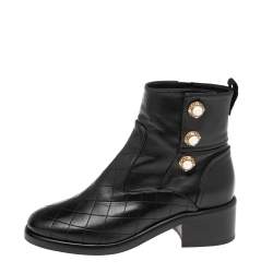 Chanel Black Leather Embellished  Block Heel Ankle Booties Size 37
