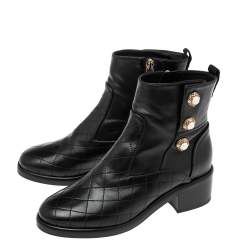 Chanel Black Leather Embellished  Block Heel Ankle Booties Size 37