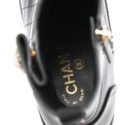Chanel Black Leather Embellished  Block Heel Ankle Booties Size 37
