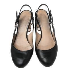 مملوكة مسبقًا Chanel Black Leather CC Cap Toe Slingback Pumps Size 36.5