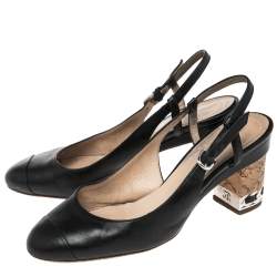 مملوكة مسبقًا Chanel Black Leather CC Cap Toe Slingback Pumps Size 36.5