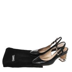 مملوكة مسبقًا Chanel Black Leather CC Cap Toe Slingback Pumps Size 36.5
