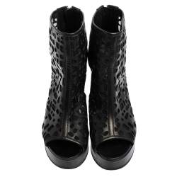 Pre Owned Chanel  Black Leather and Mesh Cut-Out Peep Toe Platform Ankle Boots 38.5