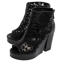 Pre Owned Chanel  Black Leather and Mesh Cut-Out Peep Toe Platform Ankle Boots 38.5