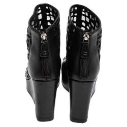 Pre Owned Chanel  Black Leather and Mesh Cut-Out Peep Toe Platform Ankle Boots 38.5