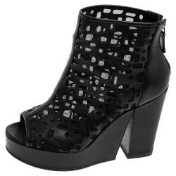Pre Owned Chanel  Black Leather and Mesh Cut-Out Peep Toe Platform Ankle Boots 38.5