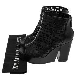 Pre Owned Chanel  Black Leather and Mesh Cut-Out Peep Toe Platform Ankle Boots 38.5