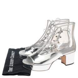 Chanel Silver/Transparent Leather and PVC Lace Open Toe Ankle Boots Size 40