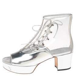 Chanel Silver/Transparent Leather and PVC Lace Open Toe Ankle Boots Size 40