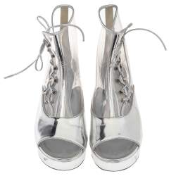 Chanel Silver/Transparent Leather and PVC Lace Open Toe Ankle Boots Size 40