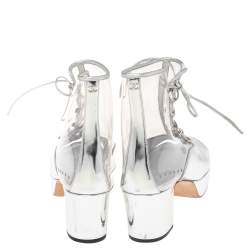 Chanel Silver/Transparent Leather and PVC Lace Open Toe Ankle Boots Size 40