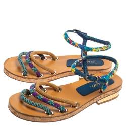 Pre Owned صندل شانيل تويد ونايلون متعدد الألوان نعل فليني سير كاحل مقاس 40