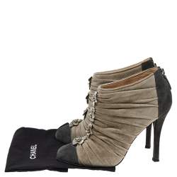 Chanel Grey Suede Cap Toe Camellia Flower Booties Size 38