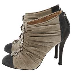 Chanel Grey Suede Cap Toe Camellia Flower Booties Size 38