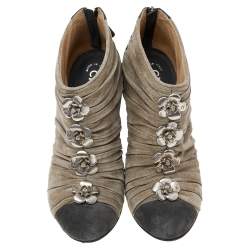 Chanel Grey Suede Cap Toe Camellia Flower Booties Size 38