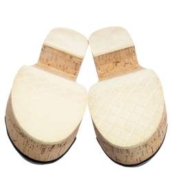 Pre Owned Chanel White/Black Leather CC Cap Toe Cork Platform Mule Sandals Size 40