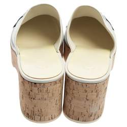 Pre Owned Chanel White/Black Leather CC Cap Toe Cork Platform Mule Sandals Size 40