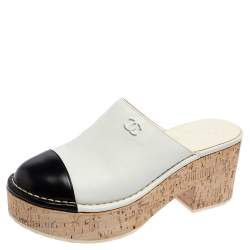 Chanel White/Black Leather CC Cap Toe Cork Platform Mule Sandals Size 40  Chanel