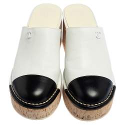 Pre Owned Chanel White/Black Leather CC Cap Toe Cork Platform Mule Sandals Size 40