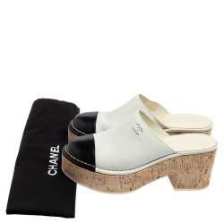 Pre Owned Chanel White/Black Leather CC Cap Toe Cork Platform Mule Sandals Size 40