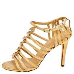 Chanel Beige Patent Leather Bow Embellished Cage Sandals Size 38