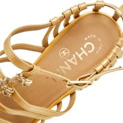 Chanel Beige Patent Leather Bow Embellished Cage Sandals Size 38
