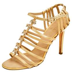 Chanel Beige Patent Leather Bow Embellished Cage Sandals Size 38