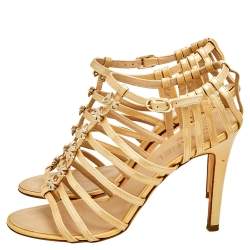 Chanel Beige Patent Leather Bow Embellished Cage Sandals Size 38