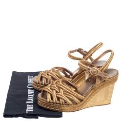 Pre Owned Chanel Metallic Gold Woven Fabric Wedge Platform Sandals Size 36.5