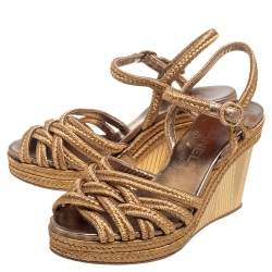 Pre Owned Chanel Metallic Gold Woven Fabric Wedge Platform Sandals Size 36.5