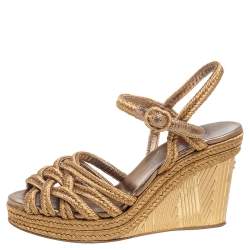 Pre Owned Chanel Metallic Gold Woven Fabric Wedge Platform Sandals Size 36.5