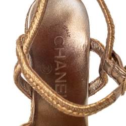 Pre Owned Chanel Metallic Gold Woven Fabric Wedge Platform Sandals Size 36.5