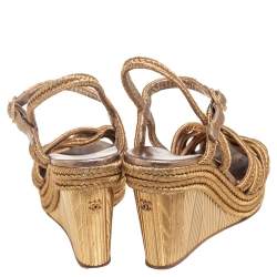 Pre Owned Chanel Metallic Gold Woven Fabric Wedge Platform Sandals Size 36.5