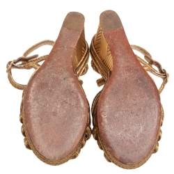 Pre Owned Chanel Metallic Gold Woven Fabric Wedge Platform Sandals Size 36.5