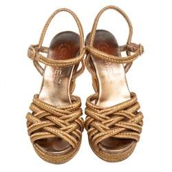 Pre Owned Chanel Metallic Gold Woven Fabric Wedge Platform Sandals Size 36.5