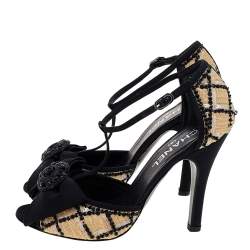 Chanel Beige/Black Mesh And Fabric Ankle Strap Sandals Size 38