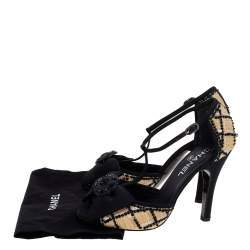 Chanel Beige/Black Mesh And Fabric Ankle Strap Sandals Size 38