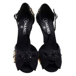 Chanel Beige/Black Mesh And Fabric Ankle Strap Sandals Size 38