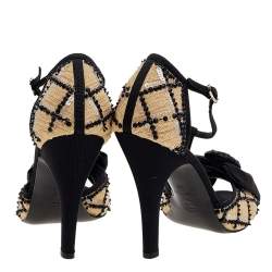 Chanel Beige/Black Mesh And Fabric Ankle Strap Sandals Size 38