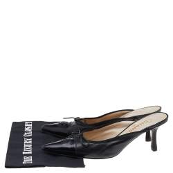 Chanel Black Leather And Patent Leather Pointed CC Cap Toe Mule Sandals Size 39.5