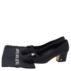 Pre Owned Chanel Black Fabric Camellia CC Block Heel Pumps Size 37.5