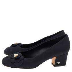 Pre Owned Chanel Black Fabric Camellia CC Block Heel Pumps Size 37.5