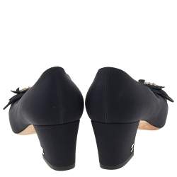 Pre Owned Chanel Black Fabric Camellia CC Block Heel Pumps Size 37.5